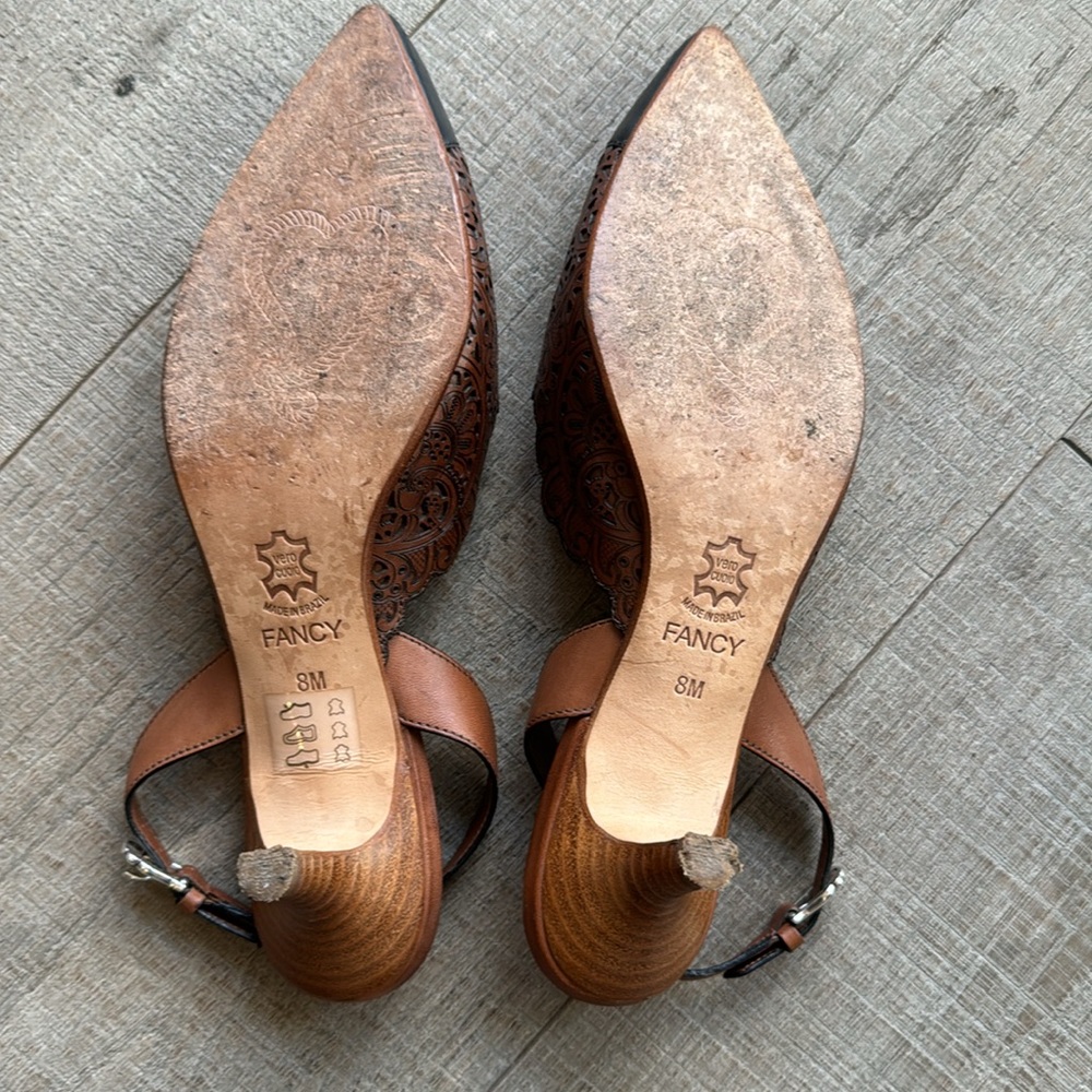 Brighton Fancy Brown & Black Laser Cut Kitten Heel Slingback Shoes Size 8 - Picture 6 of 10